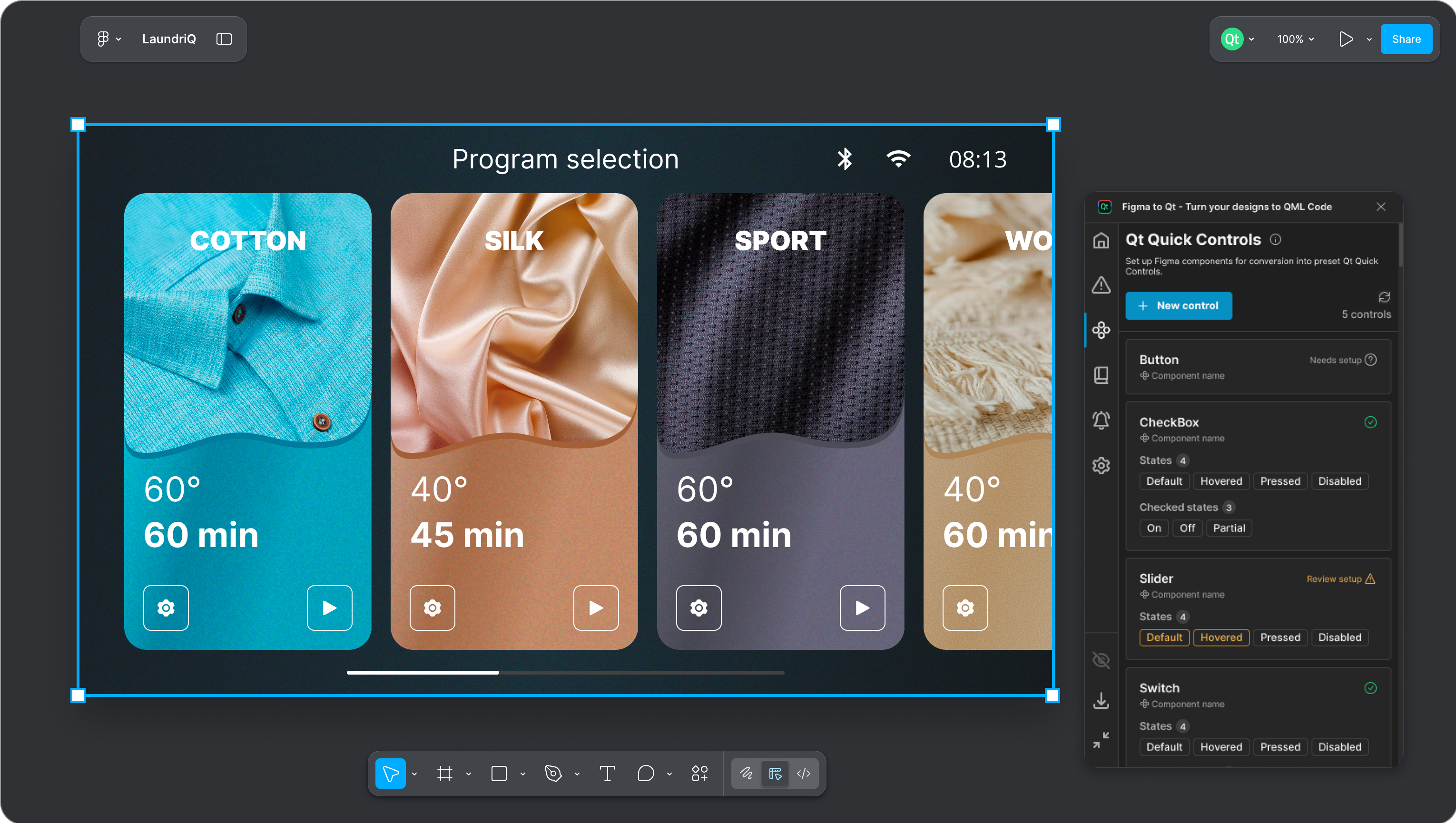 A screenshot from Figma to Qt, where you can see how interactive elements such as buttons, checkboxes, sliders, and switches match to Qt Quick Controls.